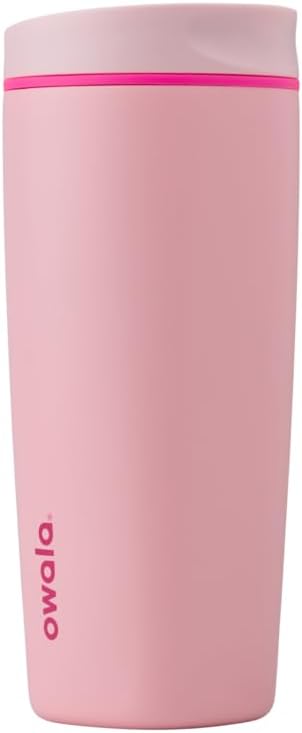 Owala SmoothSip Slider Insulated Stainless Steel Coffee Tumbler, Reusable Iced Coffee Cup, Hot Coffee Travel Mug, BPA Free 12 oz, Tan/White (Vanilla Bean)
