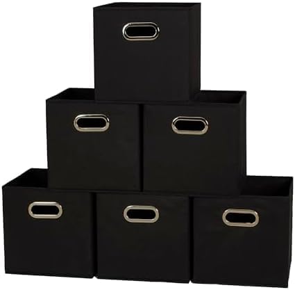Household Essentials Foldable Fabric Storage Cubes 6-Pack – 11x11x11 Stackable Non-Woven Bins with Chipboard Sides & Grommet Handles – Closet, Shelf, Nursery, or Office Organizer – Black