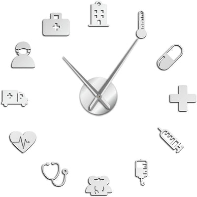 Medicine Heath Care Ambulance Medical Tools Large DIY Wall Clock Acrylic Mirror Effect Wall Stickers Hospital Clinic Decor Watch(Silver,47inch)