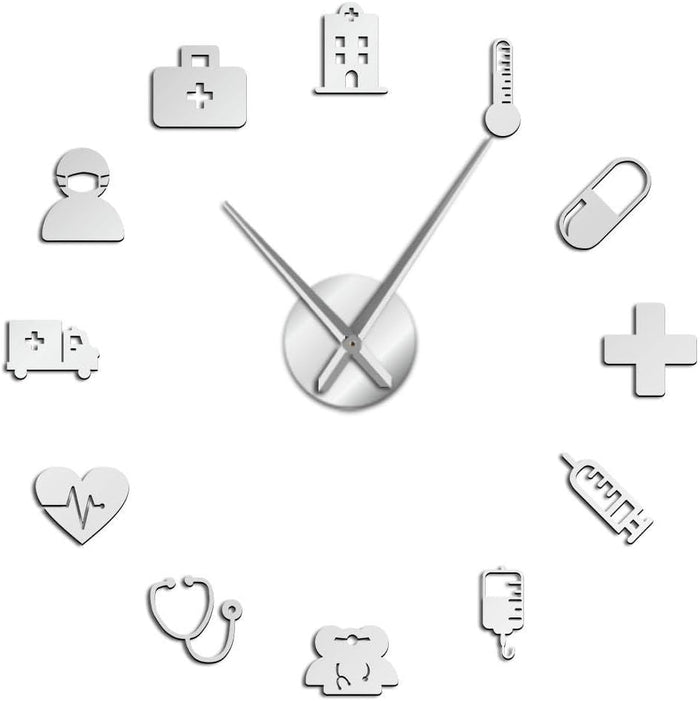 Medicine Heath Care Ambulance Medical Tools Large DIY Wall Clock Acrylic Mirror Effect Wall Stickers Hospital Clinic Decor Watch(Silver,47inch)