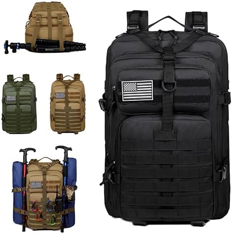 Military Tactical Backpack, Large Black MOLLE Assault Pack with American Flag Patch, 45L Waterproof Rucksack for Outdoor Hiking Camping (Brown)