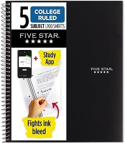 Five Star Spiral Notebook + Study App, 5 Subject, College Ruled Paper, 8-1/2" x 11", 200 Sheets, Fights Ink Bleed, Water Resistant Cover, Black (72081)