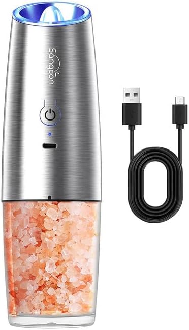 Sangcon Gravity Electric Salt and Pepper Grinder Set Automatic Shakers Mill Grinder with LED Light, BATTERY POWERED Adjustable Coarseness One Hand Operation, Upgraded Larger Capacity