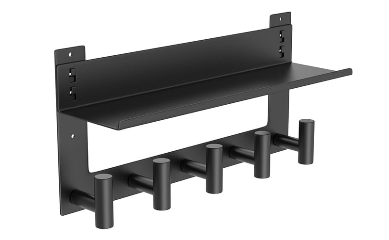 VAEHOLD Wall-mounted Coat Rack with Shelf Wall Hooks with Upper and Lower Double Storage Entryway Shelf with 5 Stainless Steel Hooks to Hang Clothes Towels Bathrobe Purse(Black)