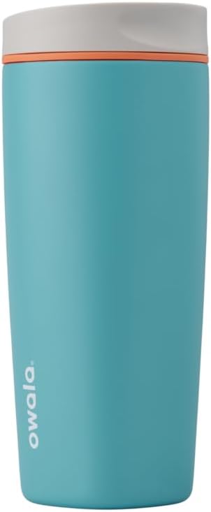 Owala SmoothSip Slider Insulated Stainless Steel Coffee Tumbler, Reusable Iced Coffee Cup, Hot Coffee Travel Mug, BPA Free 12 oz, Tan/White (Vanilla Bean)