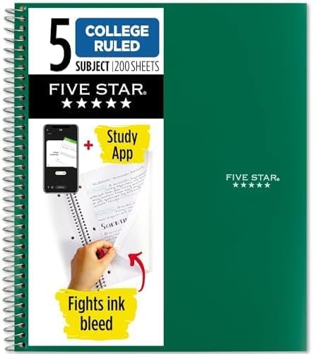 Five Star Spiral Notebook + Study App, 5 Subject, College Ruled Paper, 8-1/2" x 11", 200 Sheets, Fights Ink Bleed, Water Resistant Cover, Black (72081)