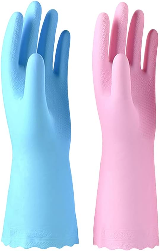 Alimat PluS 4PCS Reusable Cleaning Gloves Latex Free, Dishwashing Gloves with Cotton Flock Liner and Embossed Palm, Waterproof Household Rubber Gloves for Laundry, Gardening(Medium, Blue+Purple)