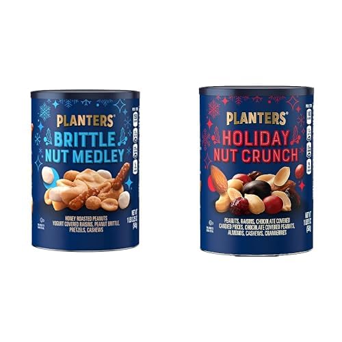 PLANTERS Holiday Brittle Nut Medley Trail Mix Snack with Honey Peanuts, Yogurt Raisins, Peanut Brittle, Pretzels & Cashews, Holiday Snack, Party Nut Mix, 1 lb. Canister