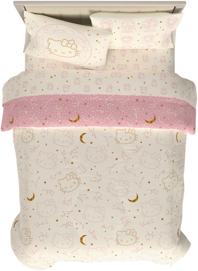 Franco Sanrio Kuromi & My Melody Bedding 7 Piece Super Soft Cozy Reversible Comforter and Sheet Set with Sham, Queen, (100% Official Licensed Product)