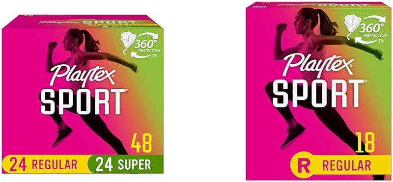 Playtex Sport Tampons Multipack (24ct Regular/24ct Super), Fragrance-Free - 48ct | Tampons Regular and Super, Playtex Tampon Multipack, Feminine Care with 360 Leak Defense