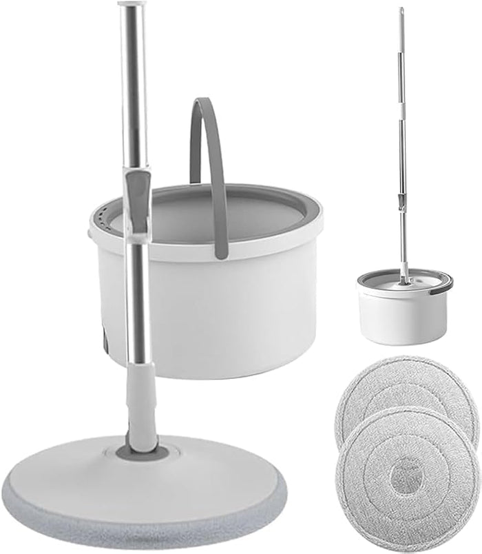 PYXBE Spin Mop with Bucket Deluxe System for Floor Cleaning - 360° Flexible with Self Separation Dirty and Clean Water System 2Pcs Reusable Microfiber for Grill Basting Mop Wooden Long jmki (A-Grey)