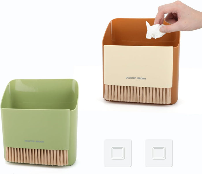 Small Broom and Dustpan Set, Portable Hand Whisk Broom Brush, Mini Hanging Trash Can, Soft Bristle Household Brooms with Dust Pan Combo Set for Cleaning Home, Desktops - 2 Pack (Green+Orange)