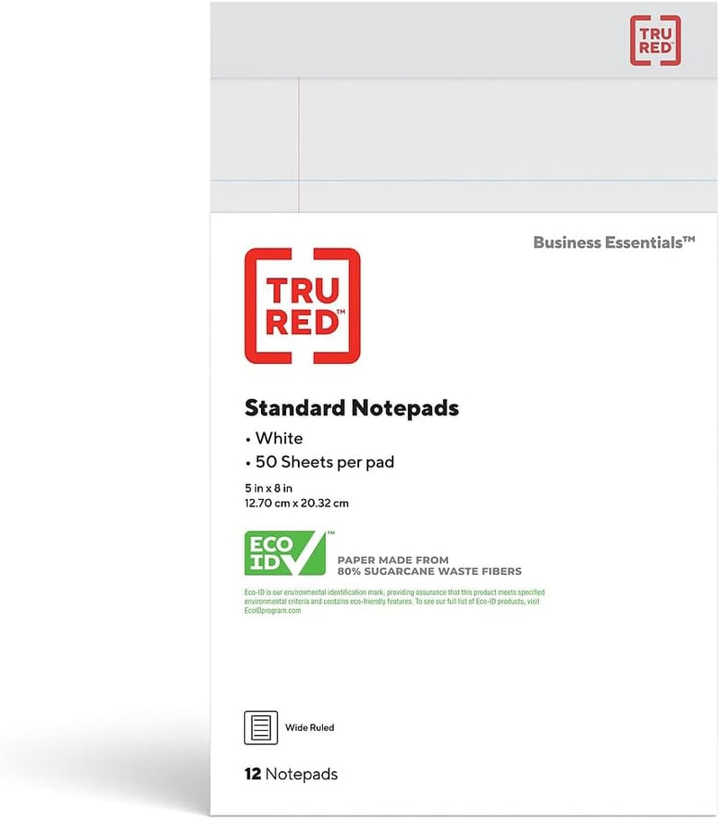 Sustainable Earth Staples TRU RED™ Notepad, 5" x 8", Wide Ruled, White, 50 Sheets/Pad, Dozen Pads/Pack (TR58182)