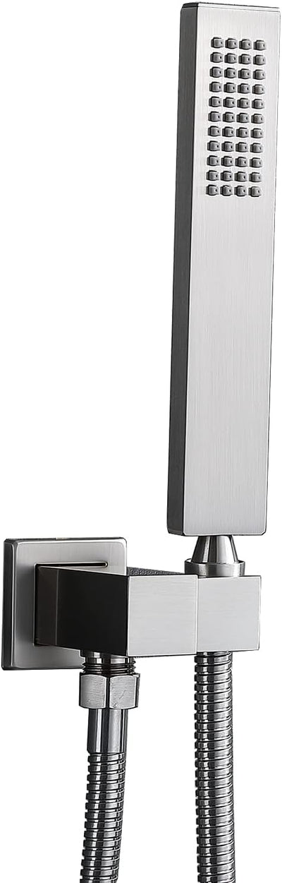 Enga Solid Brass High Pressure Hand Held Shower Wand Square Head with Adjustable Supply Elbow Wall Connector Shower Holder and Hose Set, Brushed Nickel