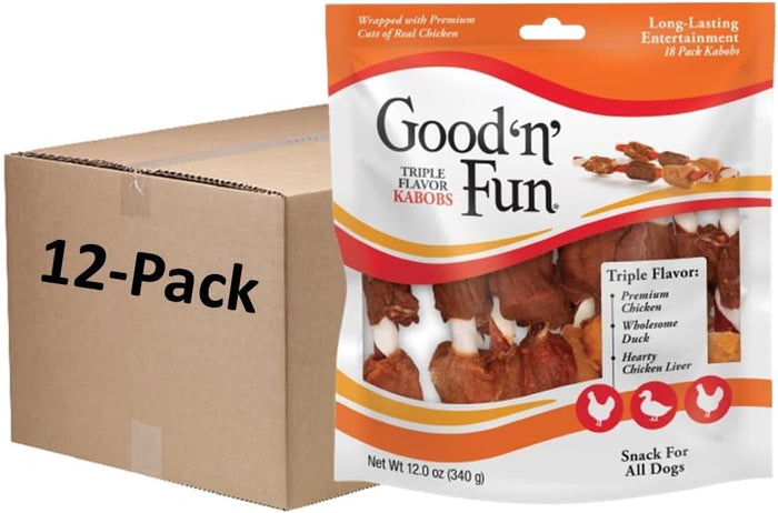 Good ‘n’ Fun Triple Flavor Kabobs Chews for All Dogs, 24 Ounces, Treat Your Dog to Chews Made from Beef Hide, Real Chicken, Pork Hide, Duck and Chicken Liver