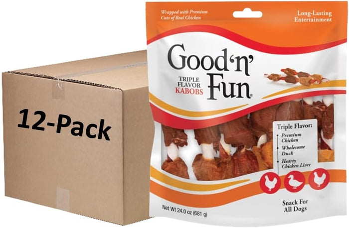 Good ‘n’ Fun Triple Flavor Kabobs Chews for All Dogs, 24 Ounces, Treat Your Dog to Chews Made from Beef Hide, Real Chicken, Pork Hide, Duck and Chicken Liver