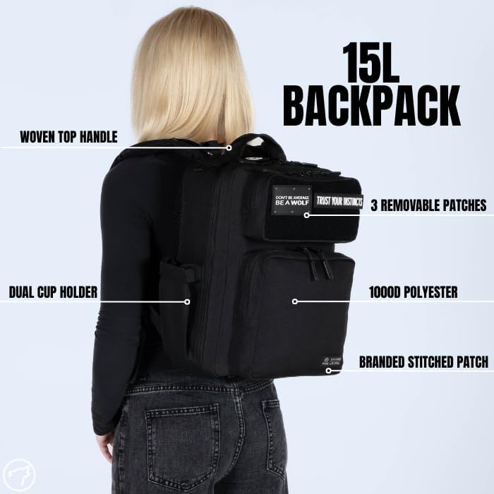 WOLFpak 15L Slim Tactical Gym Backpack - Durable 1000D Waterproof Oxford Material | Minimalist Daypack w/Laptop Pocket & Dual Cup Holders | Great for Travel & Everday Carry | (Alpha Black)