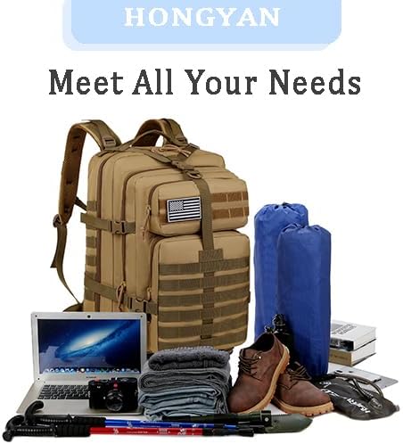 Military Tactical Backpack, Large Black MOLLE Assault Pack with American Flag Patch, 45L Waterproof Rucksack for Outdoor Hiking Camping (Brown)