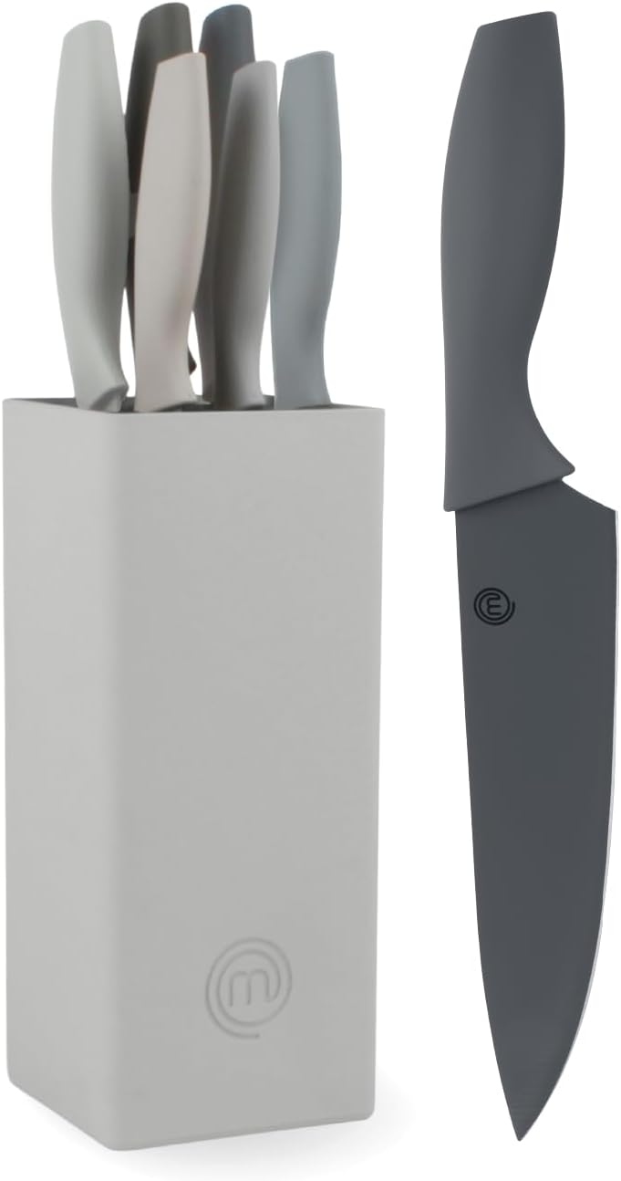 MasterChef Knife Set with Block, 6 Kitchen Knives and a Universal Knife Holder, Extra Sharp Stainless Steel Blades for Precise Cutting with Non Stick Coating & Soft Touch Easy Grip Handles, Black