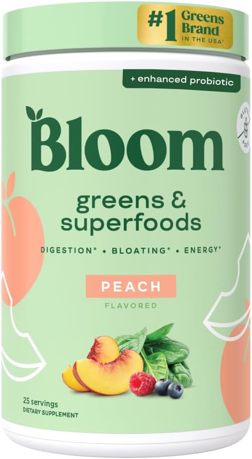 Bloom Nutrition Greens and Superfoods Powder for Digestive Health, Greens Powder, Digestive Enzymes, Probiotics, Spirulina, Chlorella for Bloating & Gut Support, Green Juice, 30 SVG, Strawberry Kiwi