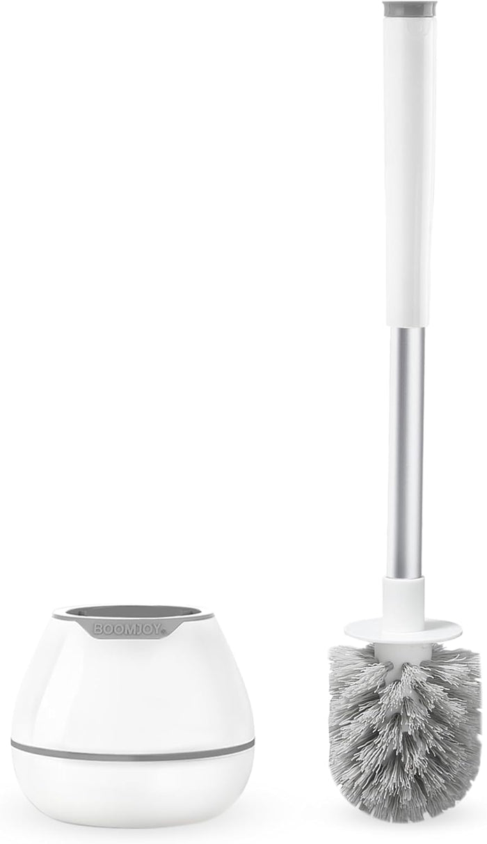 BOOMJOY Toilet Brush and Holder Set, Toilet Bowl Cleaner Brush, Toilet Scrubber Brush with Tweezers for Bathroom Cleaning, RV Accessories and House Organization Must-Haves - White