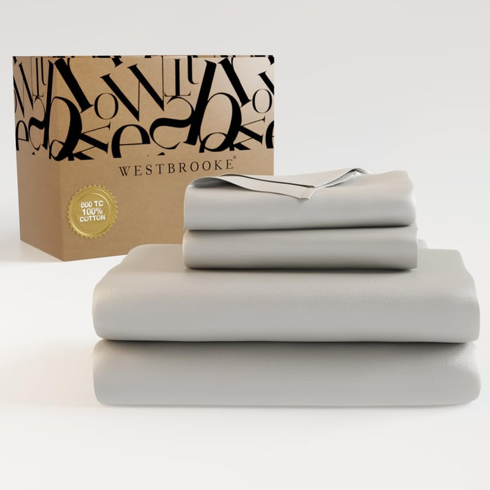 Westbrooke 800 TC Ultrafine Cotton Sheet Set - Full Size Sateen Sheets | 4 Piece Long Staple Cotton Bedding Set with Elasticized 15.5" Deep Pocket - Soft, Breathable Luxury Sheets - Silver