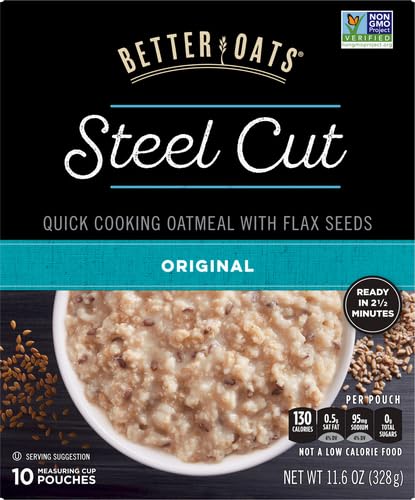 Better Oats Original Steel Cut Oatmeal Packets, Instant Oatmeal Packets with Steel Cut Oats and Flax Seeds, Quick Oatmeal Pouches Ready in 2.5 Minutes, Original Flavor, Pack of 10, 11.6 OZ Pack