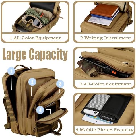 Military Tactical Backpack, Large Black MOLLE Assault Pack with American Flag Patch, 45L Waterproof Rucksack for Outdoor Hiking Camping (Brown)