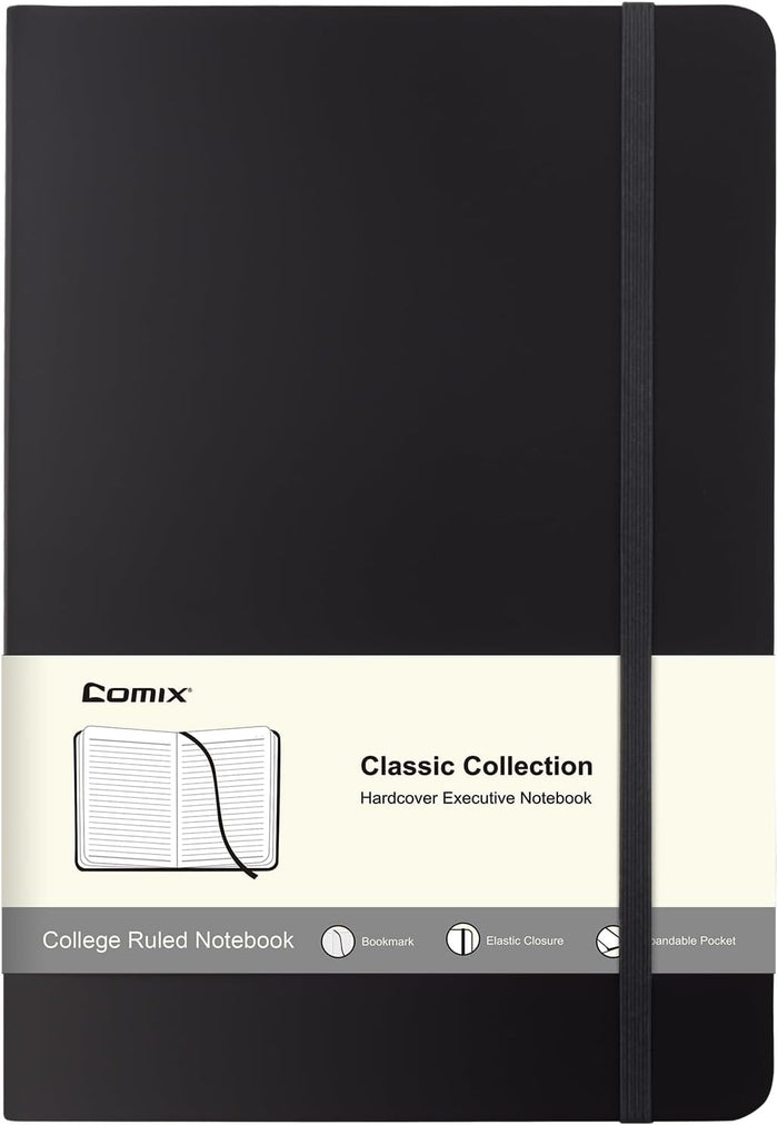 Comix 6 Pack Lined Journal Notebooks for Work, 240 Pages, 5.5"x8.3", Black, Hardcover, A5 Medium College Ruled, Journaling Notebooks for Notes-taking, Fits for Office School Home