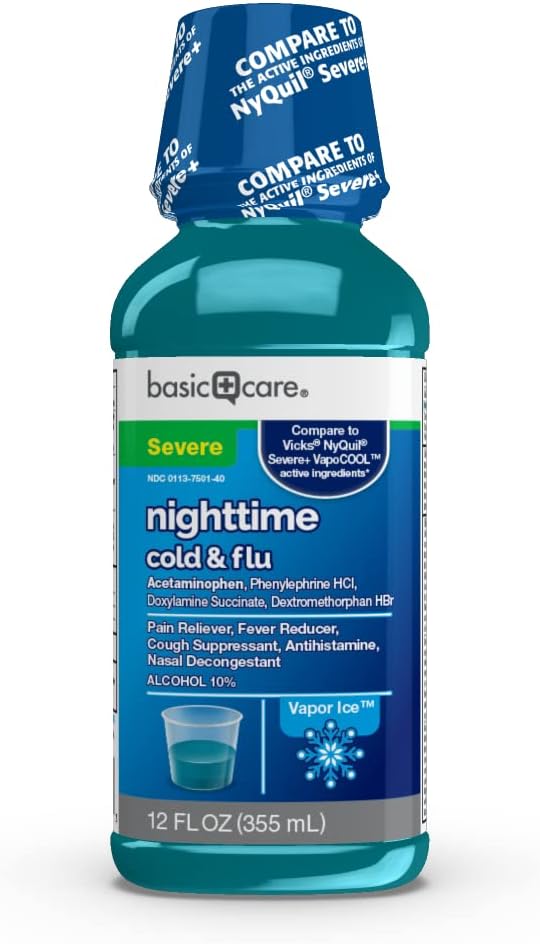 Amazon Basic Care Night Time Cold & Flu Liquid, Cherry, 12 fl oz (Pack of 1)