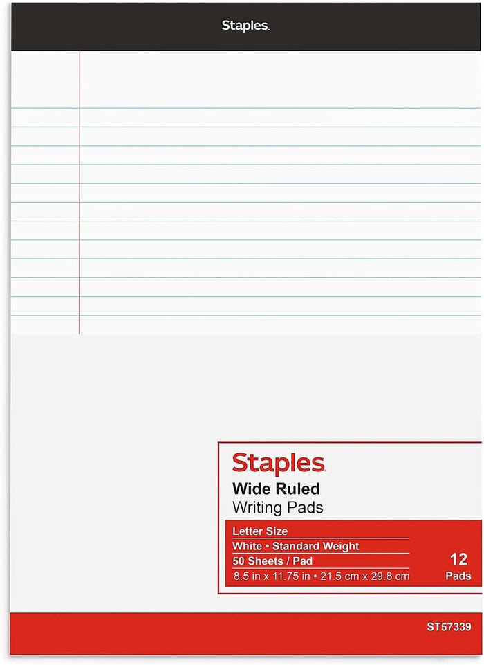 Staples Wide Ruled Legal Notepads - 8.5x11, Top-Bound, Perforated, 50 Sheets, Pack of 12 for Writing and Note Taking