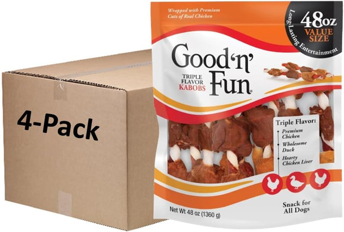 Good ‘n’ Fun Triple Flavor Kabobs Chews for All Dogs, 24 Ounces, Treat Your Dog to Chews Made from Beef Hide, Real Chicken, Pork Hide, Duck and Chicken Liver