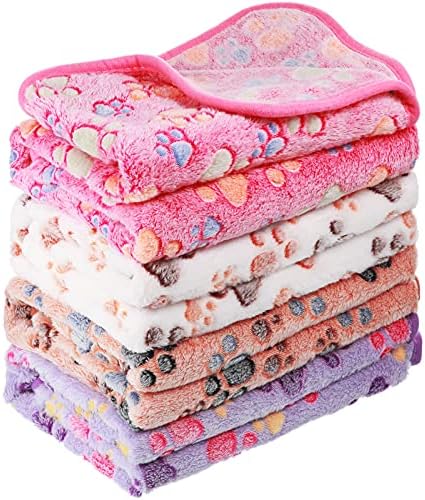 Tatuo 4 Pcs Dog Blanket for Pet Puppy Teething Toys Paw Print Fleece Blanket for Pet Cat Soft Warm Sleep Mat Guinea Pig Cage Mat(Small(24 x 16 Inch),White, Coffee, Pink, Purple)