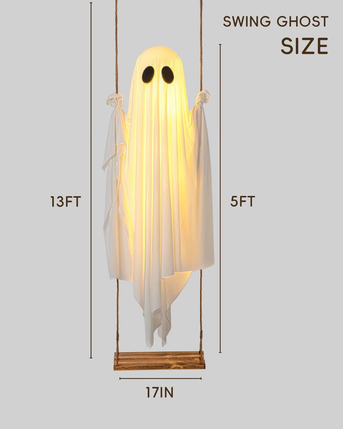 Halloween Decorations Outdoor - 5 FT Large Hanging Swing Ghost Halloween Decor with String Lights - Spooky Cute Ghosts Decorations for Front Porch Yard Tree