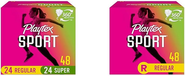 Playtex Sport Tampons Multipack (24ct Regular/24ct Super), Fragrance-Free - 48ct | Tampons Regular and Super, Playtex Tampon Multipack, Feminine Care with 360 Leak Defense