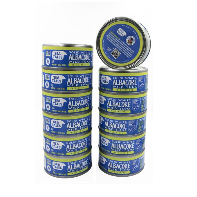 Sea Tales Solid White Albacore Canned Tuna in Water - No Salt Added - 100% Pole & Line Wild Sustainably Caught - BPA Free - High Protein Food - Keto Friendly - 5 oz. Cans (Pack of 12)