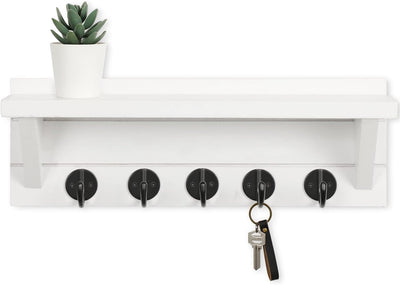 Wall Key Holder, Rustic Shelf with Hooks Made of Paulownia Wood Holds Keys, Dog Leash, Bags and More - 13.7" W x 4.7" H x 3.5" D Decorative Key Hanger and Entryway Shelf