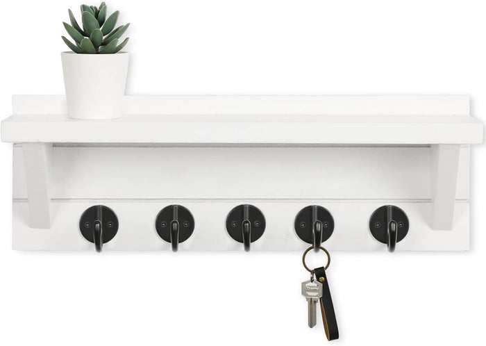 Wall Key Holder, Rustic Shelf with Hooks Made of Paulownia Wood Holds Keys, Dog Leash, Bags and More - 13.7" W x 4.7" H x 3.5" D Decorative Key Hanger and Entryway Shelf