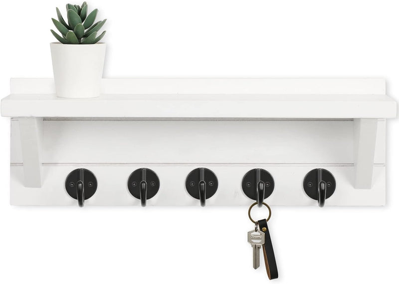 Wall Key Holder with Shelf, Rustic Shelf with Hooks Made of Paulownia Wood Holds Keys, Dog Leash, Bags and More - 13.7" W x 4.7" H x 3.5" D Decorative Key Hanger and Entryway Shelf (Black)