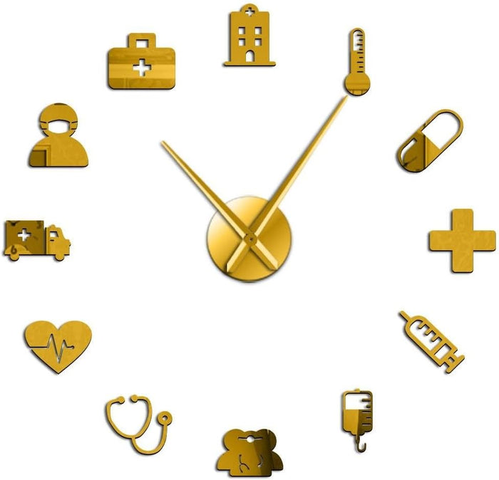 Medicine Heath Care Ambulance Medical Tools Large DIY Wall Clock Acrylic Mirror Effect Wall Stickers Hospital Clinic Decor Watch(Gold,27inch)