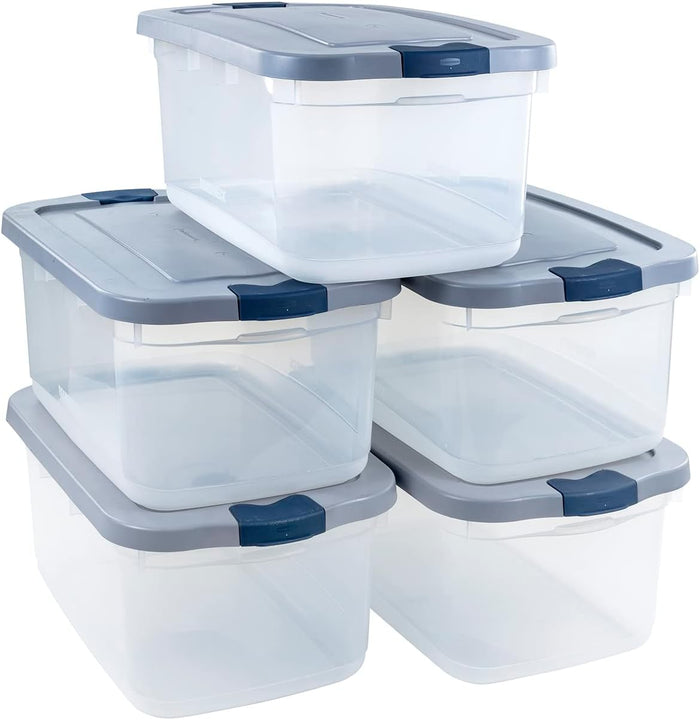 Rubbermaid Roughneck Clear 95 Qt/23.75 Gal Storage Containers, Pack of 4 with Latching Grey Lids, Visible Base, Sturdy and Stackable, Great for Storage and Organization