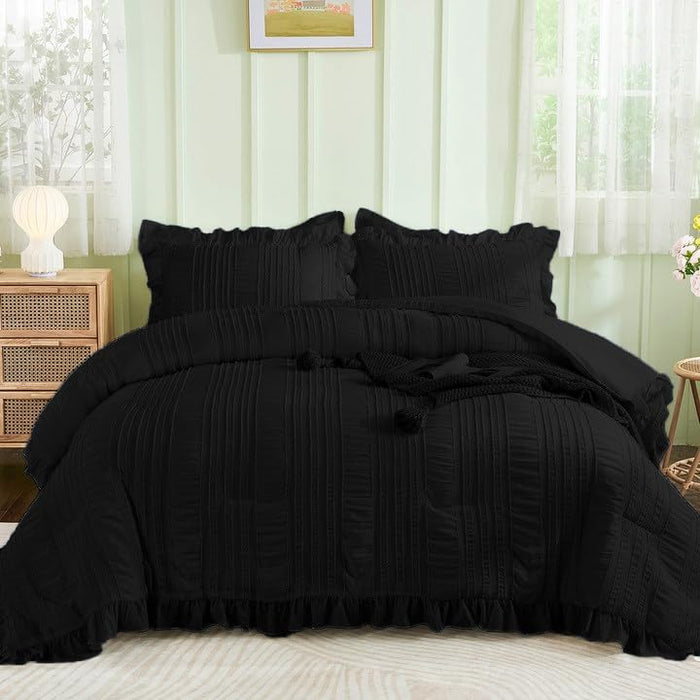 WONGS BEDDING Queen Comforter Set,Beige Cute Ruffle Comforter for Queen Bed, 7 Pieces Bed in a Bag Seersucker Shabby Chic Bedding Set 90"×90"
