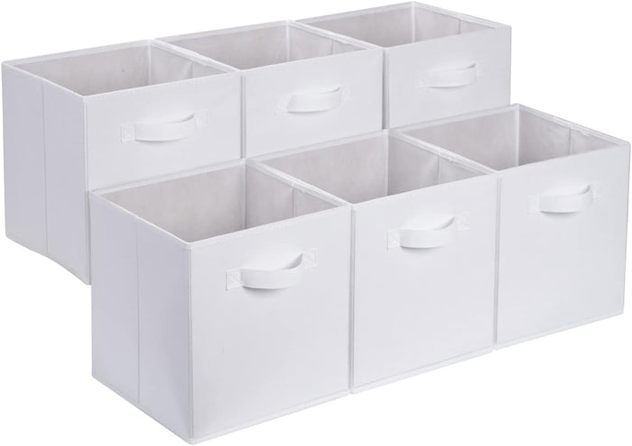 Amazon Basics Collapsible Fabric Storage Cubes Organizer with Handles, Sturdy, Beige, 10.5-x-10.5-x-11-inch, Pack of 6
