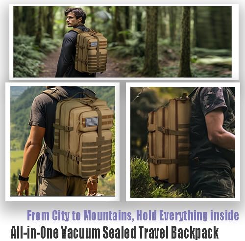 Military Tactical Backpack, Large Black MOLLE Assault Pack with American Flag Patch, 45L Waterproof Rucksack for Outdoor Hiking Camping (Brown)