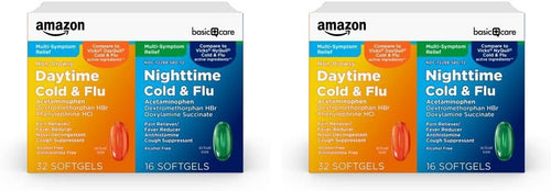 Amazon Basic Care Cold and Flu Relief, Daytime and Nighttime Combo Pack Softgels, Powerful Cold Medicine for Day and Night Multi-Symptom Relief, 48 Count(Pack of 1)