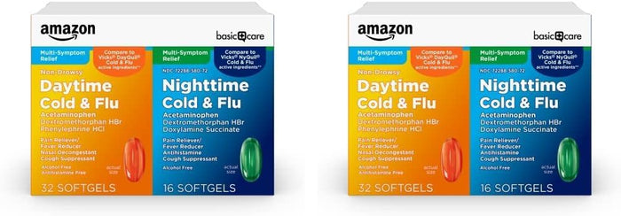 Amazon Basic Care Cold and Flu Relief, Daytime and Nighttime Combo Pack Softgels, Powerful Cold Medicine for Day and Night Multi-Symptom Relief, 48 Count(Pack of 1)