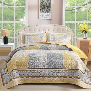 WONGS BEDDING Yellow Quilt Set Queen,Bohemian Patchwork Bedspread Coverlet Set, Reversible Boho Floral Pattern Bedspreads Bedding Quilt Set for All Seasons (96"x90")