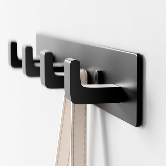Black Coat Rack Wall Mount - 12.5 inch Modern Metal Hook Rail with 4 Right-Angle Hooks, Drill-Mounted Organizer for Coats, Hats, Bags in Entryway, Bathroom, Bedroom (1 Pack)