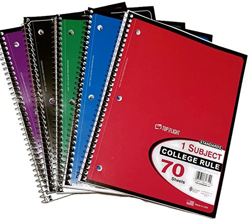 Top Flight College Rule 70 Page Spiral-Bound Notebooks, 5 Pack Bundle Made in The USA