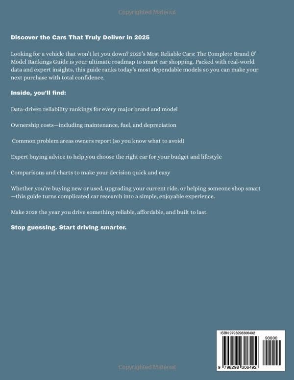 2025'S MOST RELIABLE CARS: THE COMPLETE BRAND & MODEL RANKINGS GUIDE.: Data-Driven Analysis, Ownership Costs, and Expert Buying Advice for Smart Car Shoppers.